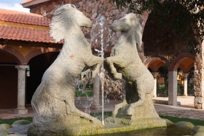Fuente de piedra con caballos enfrentados.